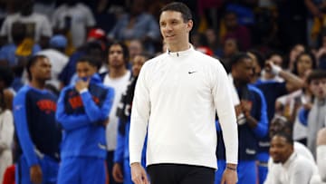 Apr 26, 2025; Memphis, Tennessee, USA; Oklahoma City Thunder head coach Mark Daigneault reacts during the fourth quarter against the Memphis Grizzlies during game four for the first round of the 2024 NBA Playoffs at FedExForum. Mandatory Credit: Petre Thomas-Imagn Images