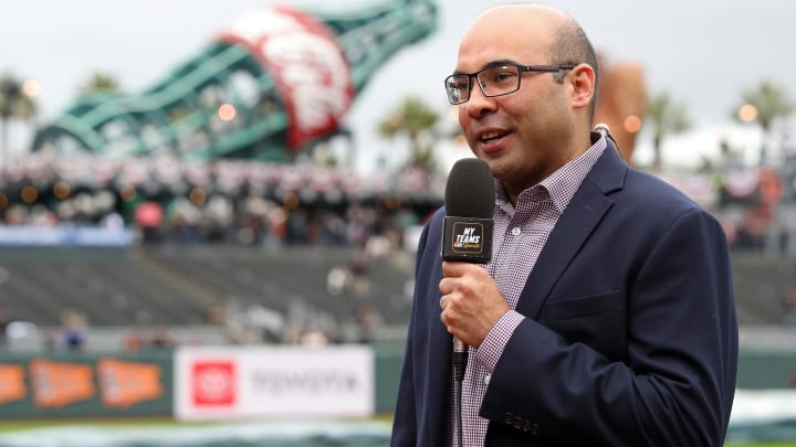 Apr 5, 2019; San Francisco, CA, USA; San Francisco Giants President of Baseball Operations Farhan Zaidi is interviewed on the field before the game between the San Francisco Giants and the Tampa Bay Rays at Oracle Park. 