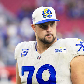 Nov 26, 2023; Glendale, Arizona, USA; Los Angeles Rams offensive tackle Rob Havenstein (79) against the Arizona Cardinals at State Farm Stadium. Mandatory Credit: Mark J. Rebilas-Imagn Images