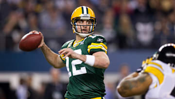 Green Bay Packers quarterback Aaron Rodgers throws a pass against the Pittsburgh Steelers in Super Bowl 45