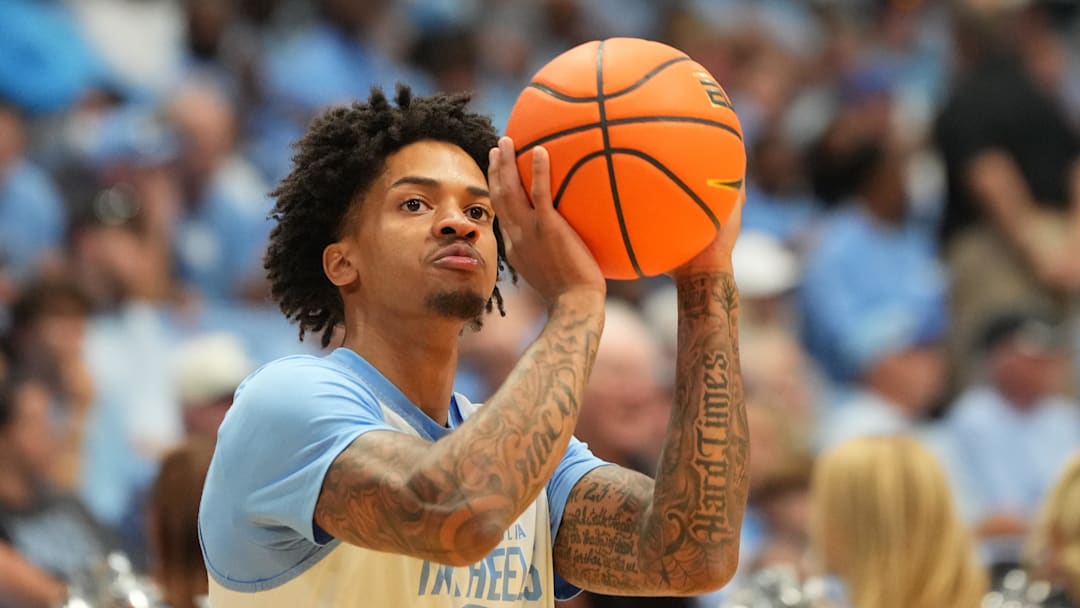 Oct 4, 2025; Charlotte, NC, USA; North Carolina Tar Heels guard Jonathan Powell (11) warms up before the game at Dean E. Smith Center. Mandatory Credit: Bob Donnan-Imagn Images