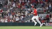 Apr 18, 2025; Cumberland, Georgia, USA; Atlanta Braves outfielder Jarred Kelenic (24) celebrates a home run against the Minnesota Twins during the fifth inning at Truist Park. Mandatory Credit: Jordan Godfree-Imagn Images