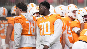 Tennessee offensive lineman David Sanders Jr. (70) on the sidelines during the Aflac Kickoff Game between the Volunteers and Syracuse held at Mercedes-Benz Stadium in Atlanta, Ga., on August 30, 2025.