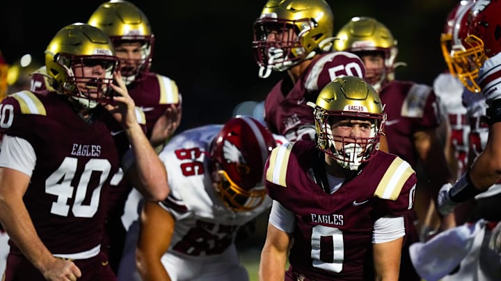 Bishop Watterson's Kaden Jones (0) celebrates in the second half at Ohio Dominican University on Friday, Aug. 22, 2025 in Columbus, Ohio.