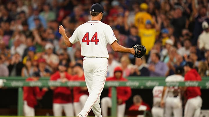 Aug 29, 2024; Boston, Massachusetts, USA; Boston Red Sox relief pitcher Rich Hill (44) reacts after striking out the last batter to end the seventh inning against the Toronto Blue Jays at Fenway Park. Mandatory Credit: David Butler II-Imagn Images