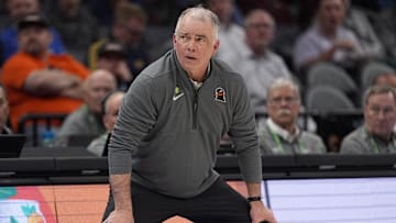Mar 11, 2025; Charlotte, NC, USA; Virginia Tech Hokies head coach Mike Young during OT against the California Golden Bears at Spectrum Center. Mandatory Credit: Jim Dedmon-Imagn Images