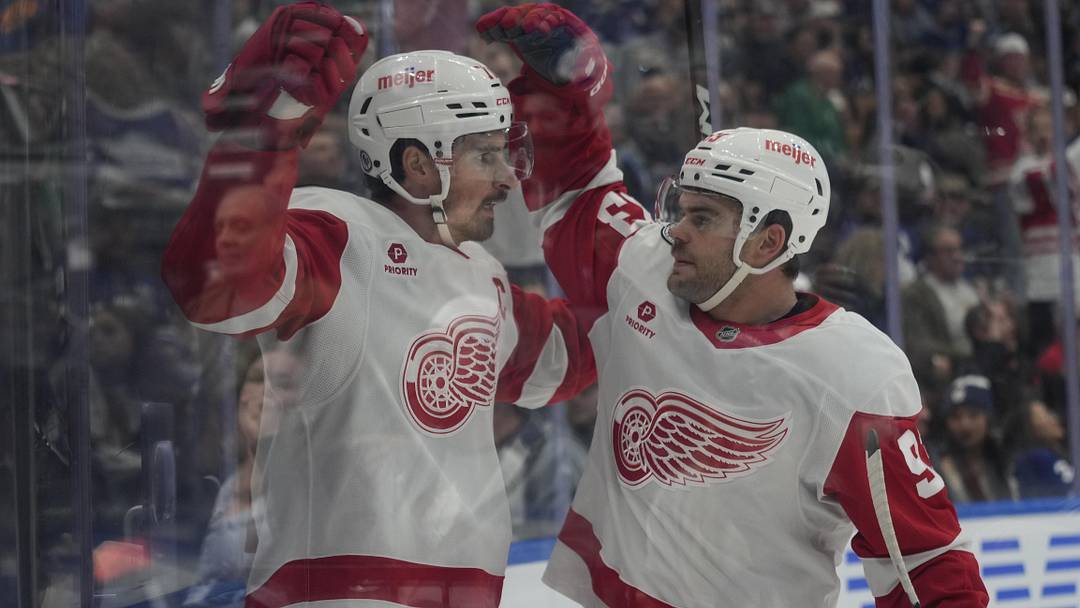 Nov 8, 2024; Toronto, Ontario, CAN; Detroit Red Wings forward Alex DeBrincat (93) congratulates forward Dylan Larkin (71) on his goal against the Toronto Maple Leafs during the second period at Scotiabank Arena. Mandatory Credit: John E. Sokolowski-Imagn Images