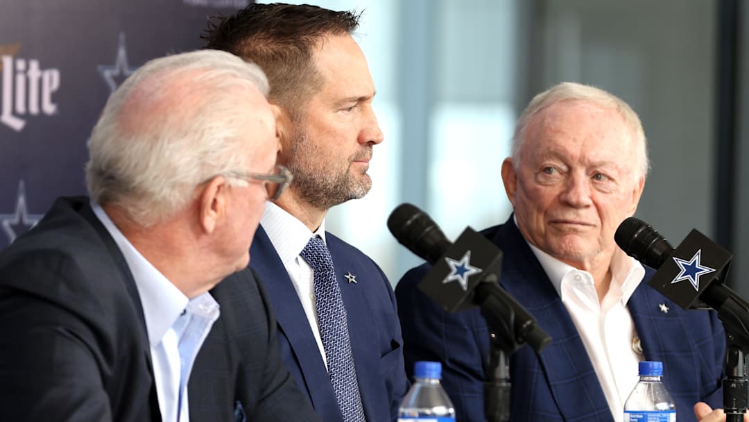 Jan 27, 2025; Frisco, TX, USA;   (L to R) Dallas Cowboys CEO Stephen Jones, head coach Brian Schottenheimer, and owner Jerry Jones speak to the media at a press conference at the Star. 
