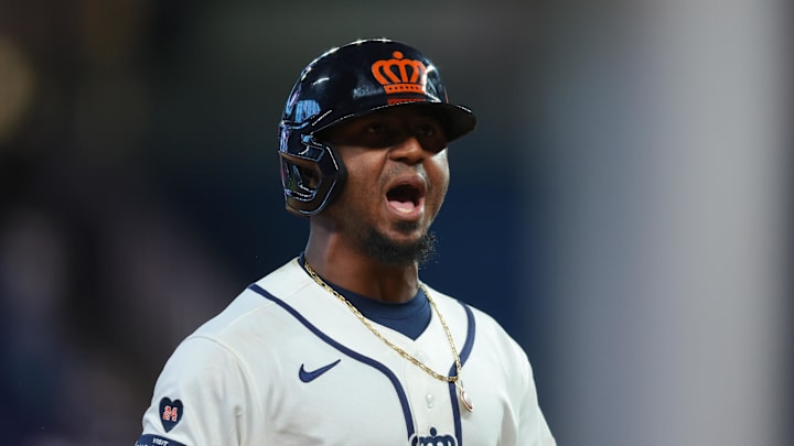 Mar 7, 2026; Miami, FL, United States; Netherlands second baseman Ozzie Albies (1) rounds the bases after hitting a three-run home run against Nicaragua during the ninth inning at loanDepot Park. Mandatory Credit: Sam Navarro-Imagn Images