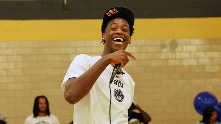 AJ Dybantsa is all smiles as the audience guesses his favorite foods, and music during his 2nd annual backpack giveaway at West Middle School in Brockton on Wednesday, Aug. 27, 2025.