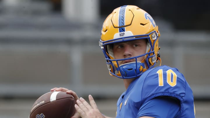 Aug 31, 2024; Pittsburgh, Pennsylvania, USA;  Pittsburgh Panthers quarterback Eli Holstein (10) warms up before a game against the Kent State Golden Flashes at Acrisure Stadium. Mandatory Credit: Charles LeClaire-USA TODAY Sports