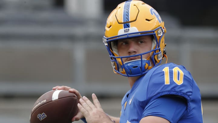 Aug 31, 2024; Pittsburgh, Pennsylvania, USA;  Pittsburgh Panthers quarterback Eli Holstein (10) warms up before a game against the Kent State Golden Flashes at Acrisure Stadium. Mandatory Credit: Charles LeClaire-USA TODAY Sports