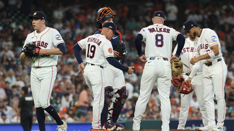 Houston Astros pitcher AJ Blubaugh (69) walks off the mound