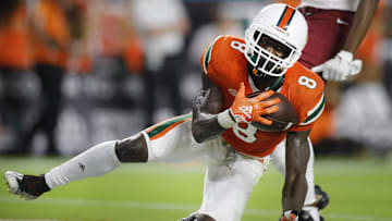 Nov 5, 2022; Miami Gardens, Florida, USA; Miami Hurricanes cornerback DJ Ivey (8) intercepts a pass