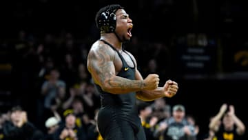 Iowa’s Gabe Arnold reacts after defeating Ohio State’s Ryder Rogotzke in a 184-pound match during a Big Ten conference dual Saturday, Jan. 25, 2025 at Carver-Hawkeye Arena in Iowa City, Iowa.
