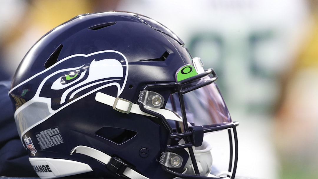 Aug 13, 2022; Pittsburgh, Pennsylvania, USA;  Seattle Seahawks helmet on the sidelines against the Pittsburgh Steelers during the second quarter at Acrisure Stadium. Mandatory Credit: Charles LeClaire-Imagn Images