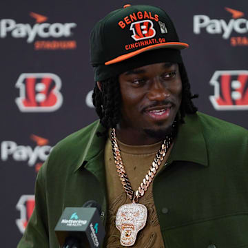 Cincinnati Bengals first-round draft pick Shemar Stewart speaks during a press conference, Friday, April 25, 2025, at Paycor Stadium in Downtown Cincinnati.
