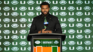 Jul 22, 2025; Charlotte, NC, USA; Miami defensive lineman Akheem Mesidor answers questions from the media during ACC Media Days at Hilton Charlotte Uptown. Mandatory Credit: Jim Dedmon-Imagn Images