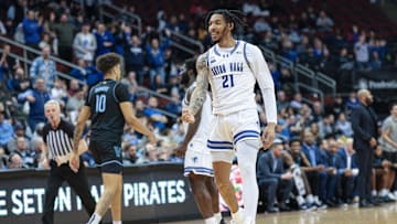 Feb 26, 2025; Newark, New Jersey, USA; Seton Hall Pirates guard Isaiah Coleman (21) reacts after a three point basket during the first half against the Villanova Wildcats at Prudential Center. Mandatory Credit: Vincent Carchietta-Imagn Images