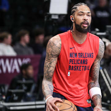 Mar 19, 2024; Brooklyn, New York, USA;  New Orleans Pelicans forward Brandon Ingram (14) warms up prior to the game against the Brooklyn Nets at Barclays Center. Mandatory Credit: Wendell Cruz-Imagn Images