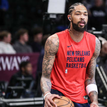 Mar 19, 2024; Brooklyn, New York, USA;  New Orleans Pelicans forward Brandon Ingram (14) warms up prior to the game against the Brooklyn Nets at Barclays Center. Mandatory Credit: Wendell Cruz-USA TODAY Sports