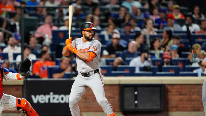 Aug 19, 2024; New York City, New York, USA; Baltimore Orioles right fielder Anthony Santander (25) at bat against the New York Mets during the fourth inning at Citi Field.