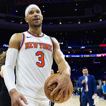May 2, 2024; Philadelphia, Pennsylvania, USA; New York Knicks guard Josh Hart (3) walks off the court with a game ball after a series clinching victory against the Philadelphia 76ers in game six of the first round for the 2024 NBA playoffs at Wells Fargo Center. Mandatory Credit: Bill Streicher-Imagn Images