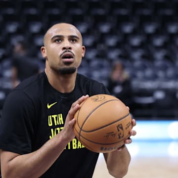 Apr 11, 2024; Salt Lake City, Utah, USA; Utah Jazz guard Talen Horton-Tucker (5) warms up before the game against the Utah Jazz at Delta Center. Mandatory Credit: Rob Gray-Imagn Images