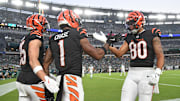 Cincinnati Bengals wide receiver Ja'Marr Chase celebrates his touchdown with Charlie Jones and wide receiver Andrei Iosivas