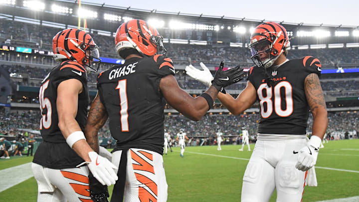 Cincinnati Bengals wide receiver Ja'Marr Chase celebrates his touchdown with Charlie Jones and wide receiver Andrei Iosivas Cincinnati Bengals wide receiver Ja'Marr Chase celebrates his touchdown with Charlie Jones and wide receiver Andrei Iosivas