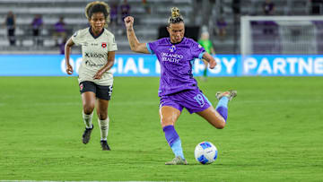 Sep 2, 2025; Orlando, Florida, USA; Orlando Pride defender Carson Pickett (19) scores during the second half against the LD Alajuelense at Inter&Co Stadium. Mandatory Credit: Mike Watters-Imagn Images