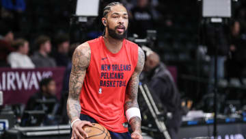 Mar 19, 2024; Brooklyn, New York, USA;  New Orleans Pelicans forward Brandon Ingram (14) warms up prior to the game against the Brooklyn Nets at Barclays Center.