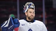 Sep 24, 2024; Ottawa, Ontario, CAN; Toronto Maple Leafs goalie Anthony Stolarz (41) looks on during a break in the first period against the Ottawa Senators at the Canadian Tire Centre. Mandatory Credit: Marc DesRosiers-Imagn Images