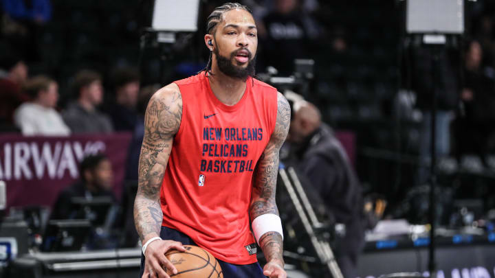 Mar 19, 2024; Brooklyn, New York, USA;  New Orleans Pelicans forward Brandon Ingram (14) warms up prior to the game against the Brooklyn Nets at Barclays Center.