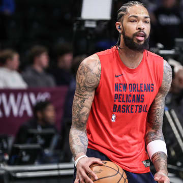 Mar 19, 2024; Brooklyn, New York, USA;  New Orleans Pelicans forward Brandon Ingram (14) warms up prior to the game against the Brooklyn Nets at Barclays Center.