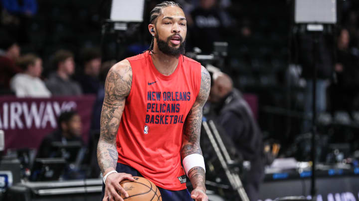 Mar 19, 2024; Brooklyn, New York, USA;  New Orleans Pelicans forward Brandon Ingram (14) warms up prior to the game against the Brooklyn Nets at Barclays Center.