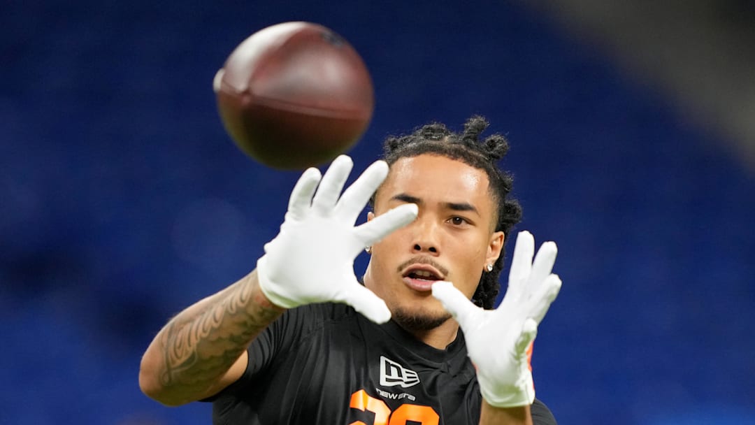 Feb 28, 2026; Indianapolis, IN, USA; Southern California wideout Makai Lemon (WO29) during the NFL Scouting Combine at Lucas Oil Stadium. 