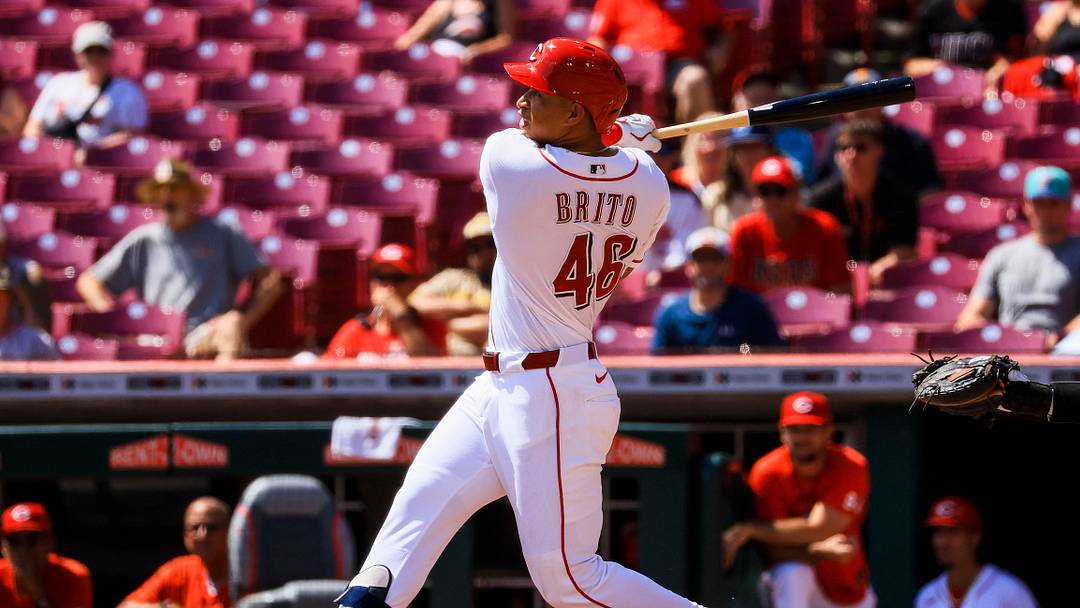 Sep 2, 2026; Cincinnati, Ohio, USA; Cincinnati Reds second baseman Juan Brito (46) hits a three-run home run in the second inning against the San Diego Padres at Great American Ball Park. Mandatory Credit: Katie Stratman-Imagn Images Sep 2, 2026; Cincinnati, Ohio, USA; Cincinnati Reds second baseman Juan Brito (46) hits a three-run home run in the second inning against the San Diego Padres at Great American Ball Park. Mandatory Credit: Katie Stratman-Imagn Images