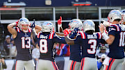 Oct 26, 2025; Foxborough, Massachusetts, USA;  New England Patriots wide receiver Stefon Diggs (8) celebrates scoring a touchdown  during the third quarter against the Cleveland Browns at Gillette Stadium. Mandatory Credit: Bob DeChiara-Imagn Images