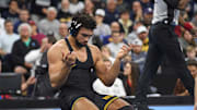 Mar 22, 2025; Philadelphia, PA, USA; Stephen Buchanan of the Iowa Hawkeyes celebrates win over Josh Barr of the Penn State Nittany Lions (not pictured) during the Division I Men's Wrestling Championship held at Wells Fargo Center. Mandatory Credit: Eric Hartline-Imagn Images