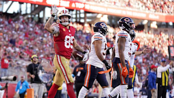 Dec 8, 2024; Santa Clara, California, USA; San Francisco 49ers tight end George Kittle (85) reacts after catching a pass for a first down against the Chicago Bears in the third quarter at Levi's Stadium. Mandatory Credit: Cary Edmondson-Imagn Images