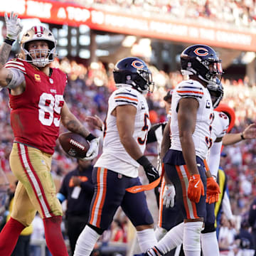 Dec 8, 2024; Santa Clara, California, USA; San Francisco 49ers tight end George Kittle (85) reacts after catching a pass for a first down against the Chicago Bears in the third quarter at Levi's Stadium. Mandatory Credit: Cary Edmondson-Imagn Images