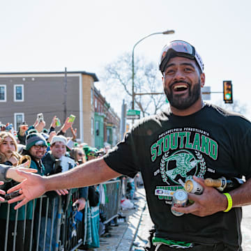 Philadelphia Eagles offensive tackle Jordan Mailata (68) celebrates during the Super Bowl LIX championship parade and rally. 