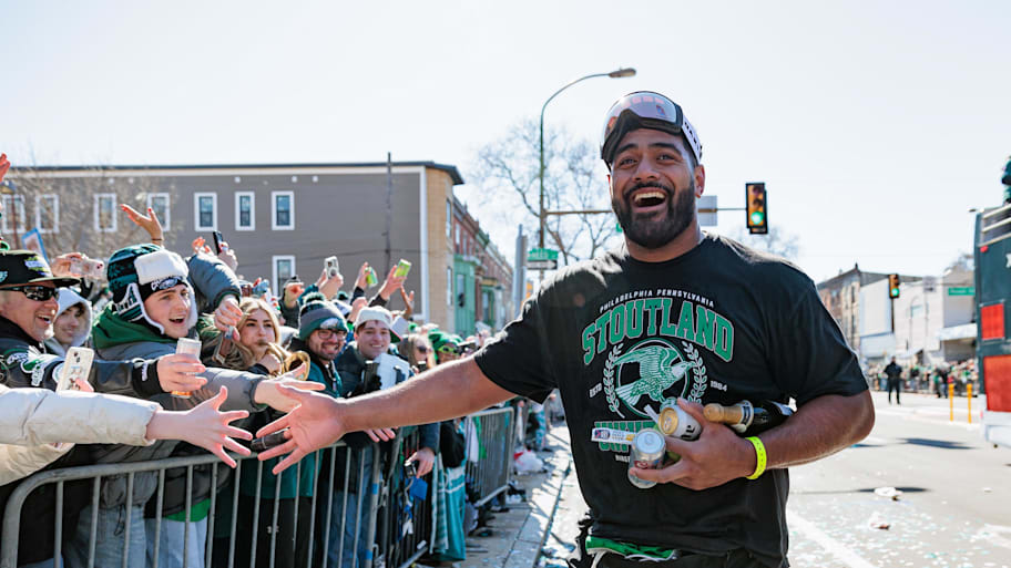 Philadelphia Eagles offensive tackle Jordan Mailata (68) celebrates during the Super Bowl LIX championship parade and rally.  | Caean Couto-Imagn Images