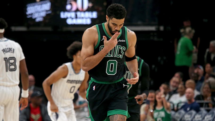 Boston Celtics forward Jayson Tatum reacts after a basket against the Memphis Grizzlies.