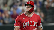 Los Angeles Angels right fielder Mike Trout looks on after striking out against the Texas Rangers.