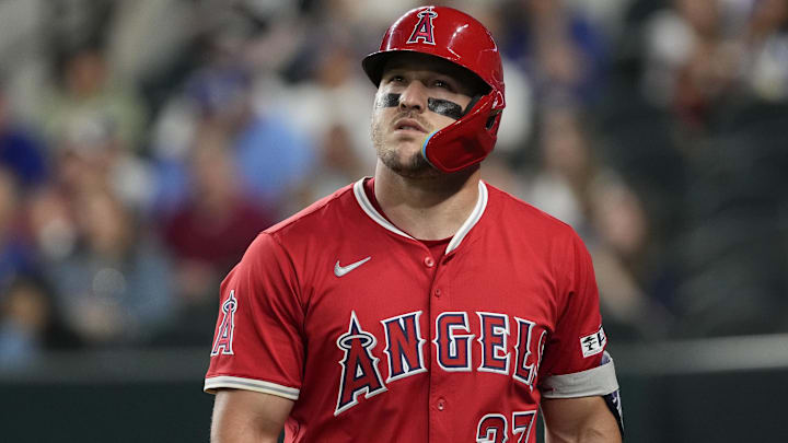 Los Angeles Angels right fielder Mike Trout looks on after striking out