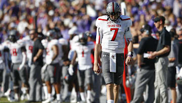Oct 25, 2014; Fort Worth, TX, USA; Texas Tech Red Raiders quarterback Davis Webb (7) reacts during the game against the TCU Horned Frogs at Amon G. Carter Stadium. TCU won 82-27. Mandatory Credit: Kevin Jairaj-Imagn Images