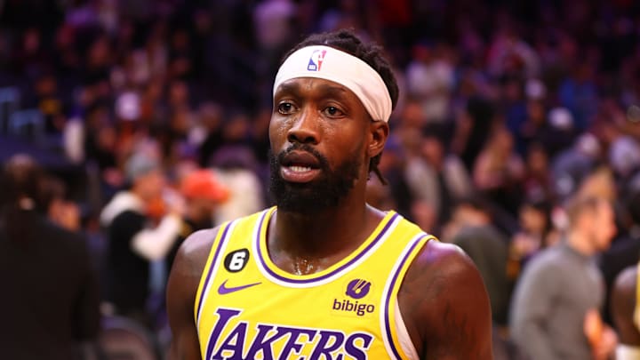 Dec 19, 2022; Phoenix, Arizona, USA; Los Angeles Lakers guard Patrick Beverley (21) against the Phoenix Suns at Footprint Center. Mandatory Credit: Mark J. Rebilas-Imagn Images