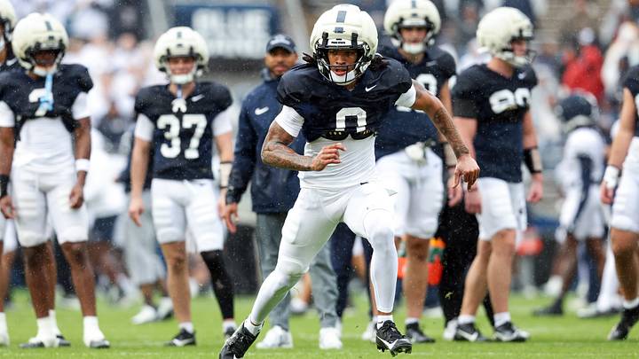Apr 25, 2026; University Park, PA, USA; Penn State Nittany Lions wide receiver Chase Sowell (0) runs a route during the Penn State Blue-White Spring game at Beaver Stadium. Mandatory Credit: Matthew O'Haren-Imagn Images